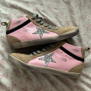Golden Goose Midstar LTD Sneakers In Pink Leather With Silver Glitter Star